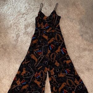 Anthropologie Black Maxi Slip Dress with Brown and Blue Equestrian Print